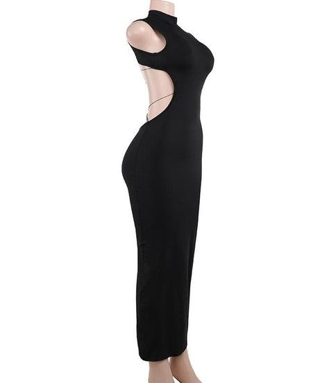 Sleek Black Backless Butterfly Chain Midi Dress with Thigh Slit – Fall & Holiday Event Ready