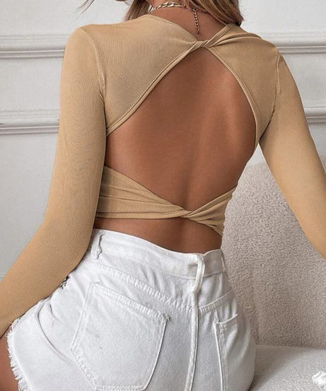 Fall's Must-Have: Knotted Backless Ribbed Long Sleeve Crop Top | Chic Going Out Style