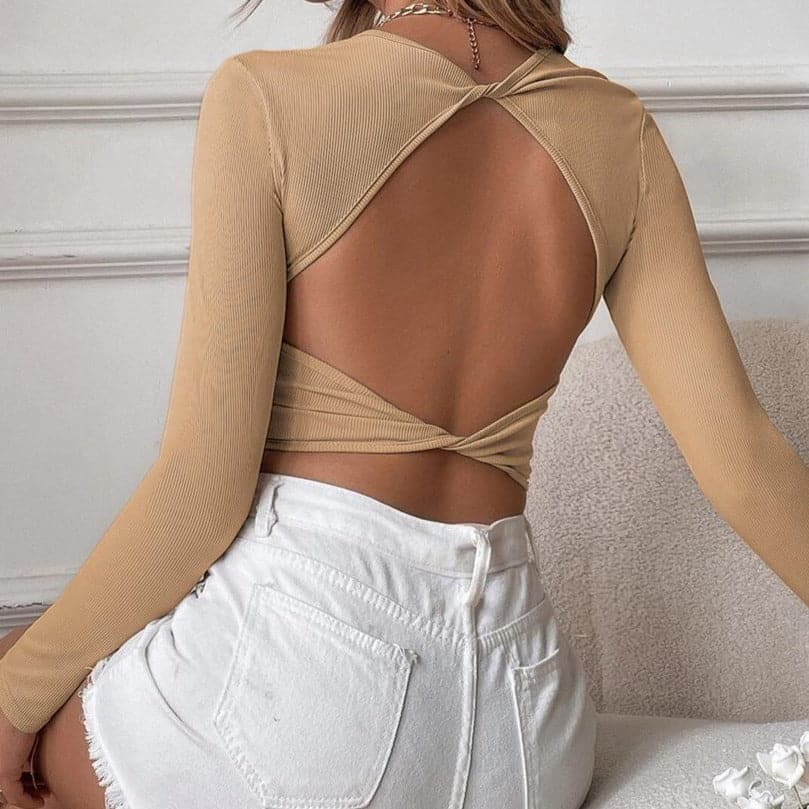 Fall's Must-Have: Knotted Backless Ribbed Long Sleeve Crop Top | Chic Going Out Style