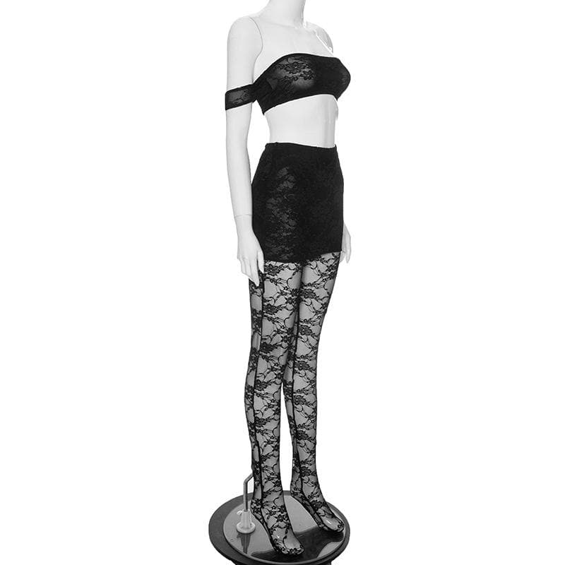 Sultry Black Lace Off-Shoulder Crop Top & Mini Skirt Set - Perfect for Fall Nights & Halloween