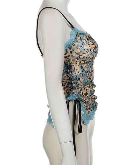Edgy Blue Leopard Lace Cami Top - Y2K Ruched Spaghetti Strap for Fall Style
