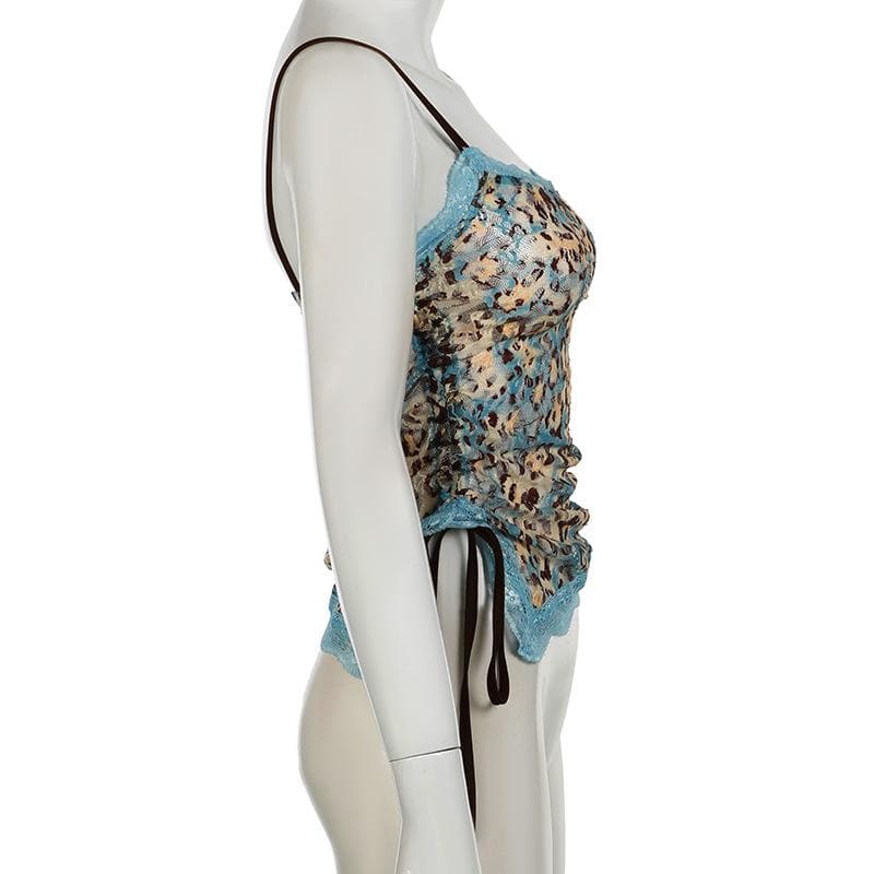 Edgy Blue Leopard Lace Cami Top - Y2K Ruched Spaghetti Strap for Fall Style