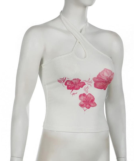 Chic Pink Floral Halter Crop Top – Trendy Cutout Tank for Resort & Late Summer Vibes