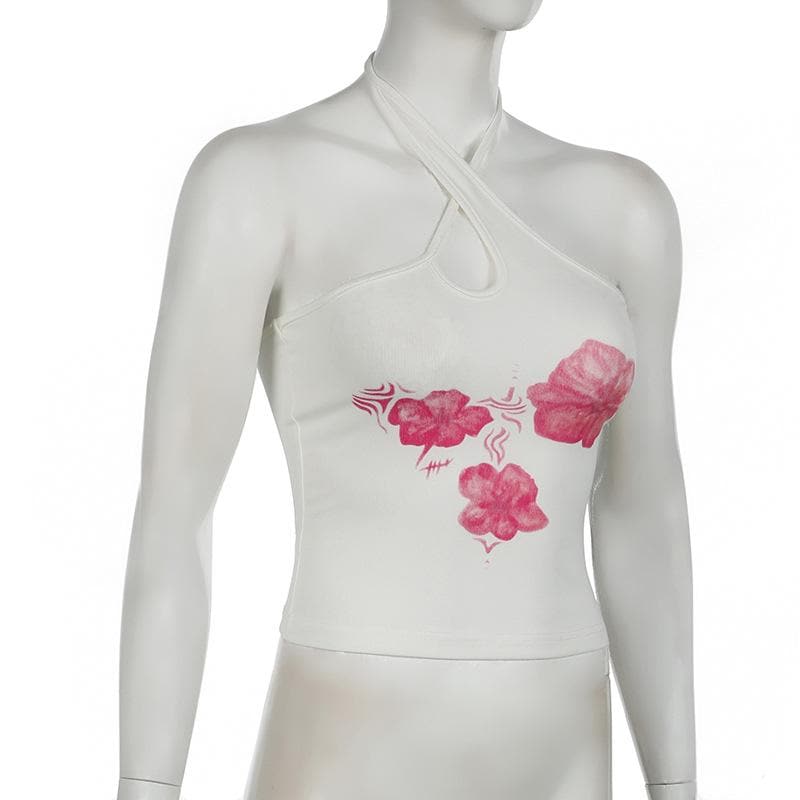 Chic Pink Floral Halter Crop Top – Trendy Cutout Tank for Resort & Late Summer Vibes