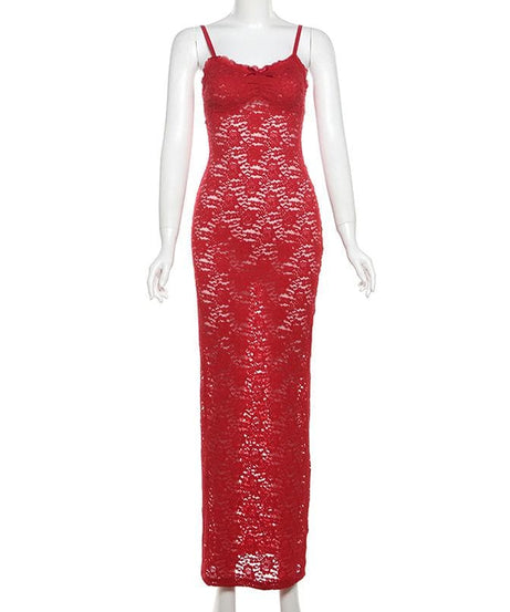 Sultry Red Lace Maxi Dress | Backless & Figure-Flattering for Fall & Holiday Glamour