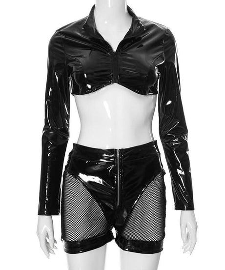 Sultry Wet Look Patent Leather Cropped Set - Edgy Clubwear & Halloween Ready