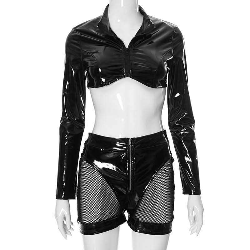 Sultry Wet Look Patent Leather Cropped Set - Edgy Clubwear & Halloween Ready