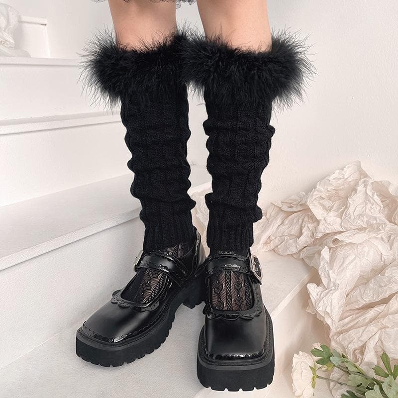 Cozy Fall Chic: Faux Fur Trim Cable Knit Leg Warmers - Y2K Style for Women
