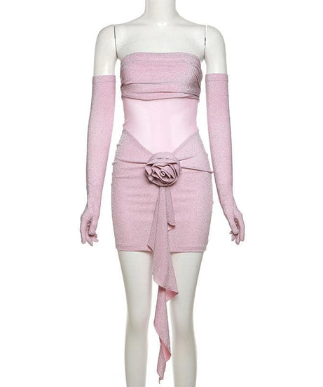 Glamour & Glow: Shimmering Rose Appliqué Mini Dress with Opera Gloves - Your Holiday Party & NYE Statement!