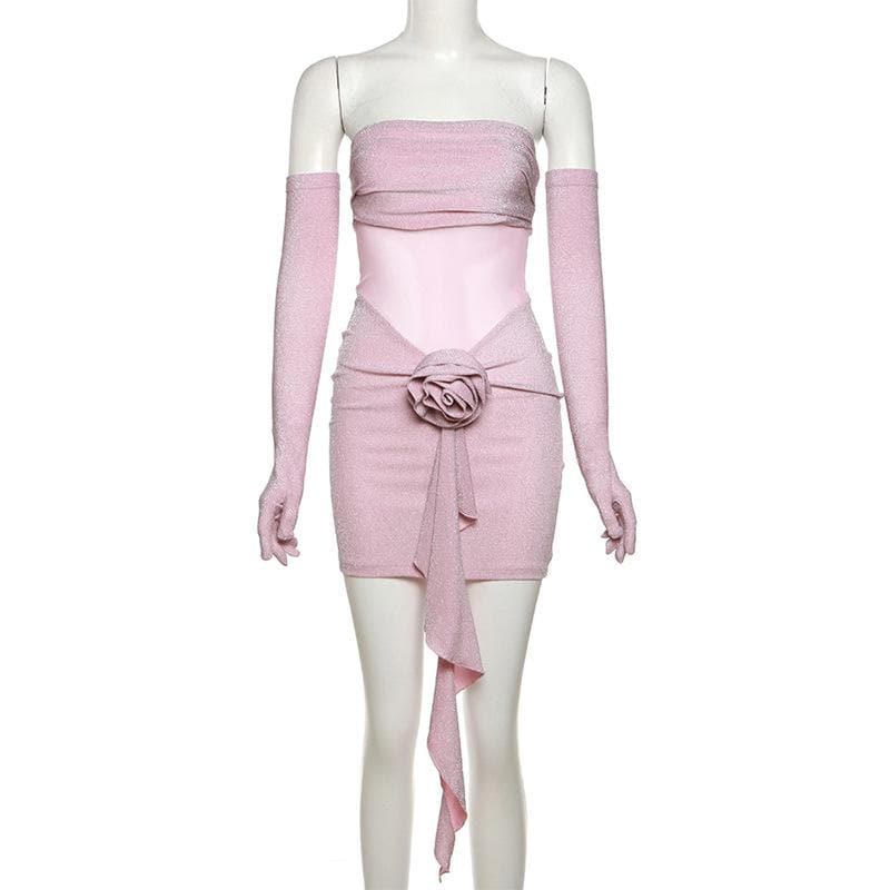 Glamour & Glow: Shimmering Rose Appliqué Mini Dress with Opera Gloves - Your Holiday Party & NYE Statement!