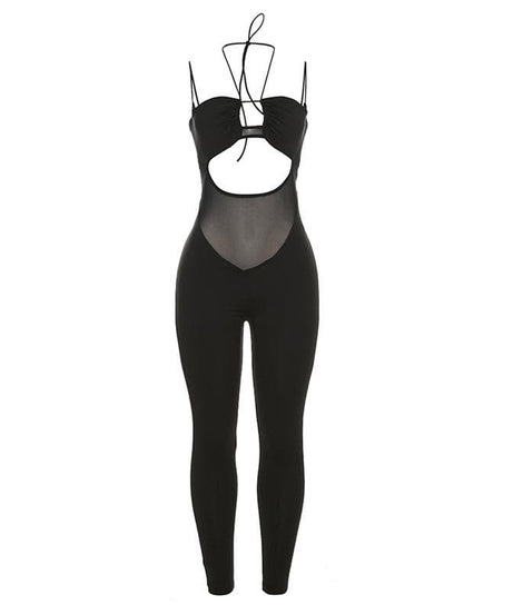 Bold Black Mesh Panel Cutout Halter Jumpsuit - Your Ultimate Fall Night Out Statement