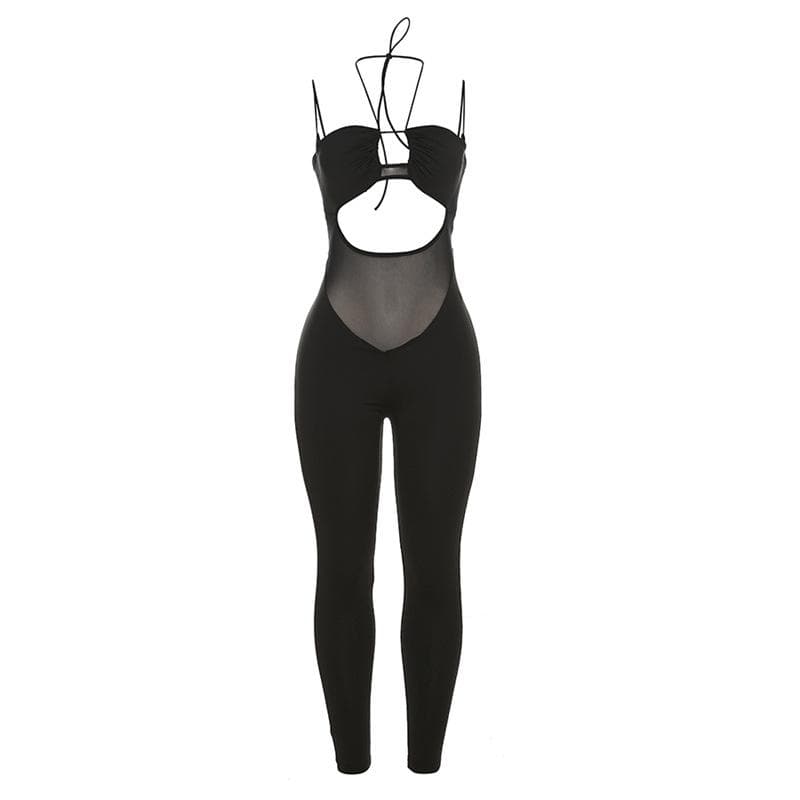 Bold Black Mesh Panel Cutout Halter Jumpsuit - Your Ultimate Fall Night Out Statement