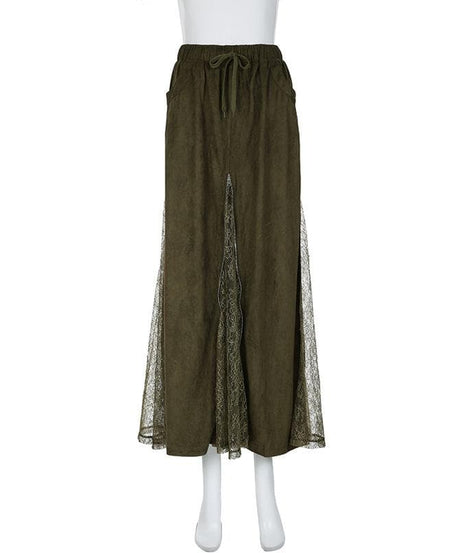 Effortless Fall Boho Chic: Olive Green Drawstring Maxi Skirt with Lace Slit & Pockets