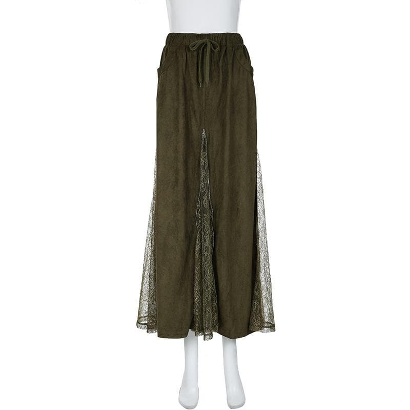 Effortless Fall Boho Chic: Olive Green Drawstring Maxi Skirt with Lace Slit & Pockets