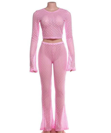 Radiant Bloom Crochet Knit Crop Top & Flared Pants Set - Your Chic Winter Escape Essential