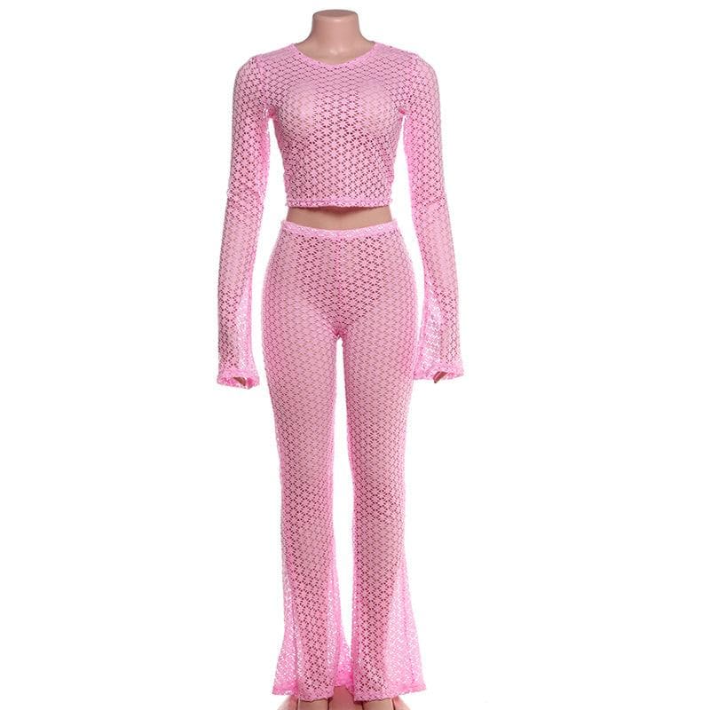 Radiant Bloom Crochet Knit Crop Top & Flared Pants Set - Your Chic Winter Escape Essential