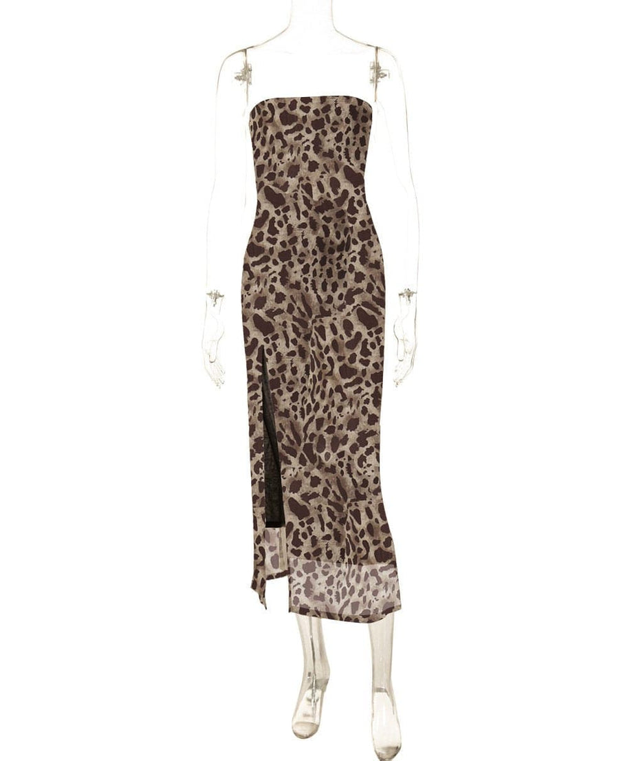 Sultry Leopard Print Mesh Tube Midi Dress with High Slit - Fall & Holiday Party Ready