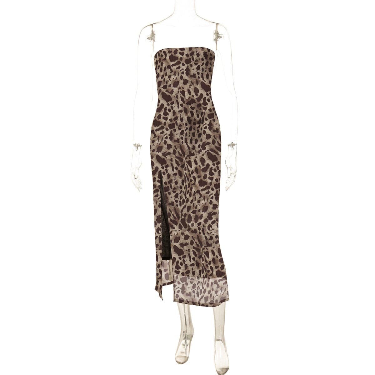 Sultry Leopard Print Mesh Tube Midi Dress with High Slit - Fall & Holiday Party Ready