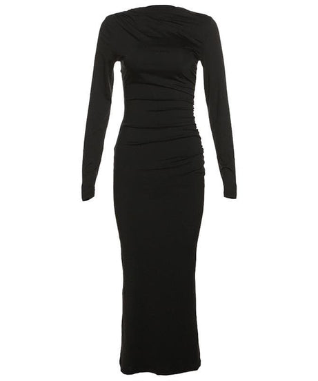 Effortless Chic: Black Ruched Long Sleeve Maxi Dress - Fall & Holiday Style