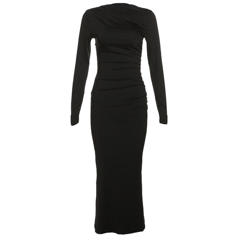 Effortless Chic: Black Ruched Long Sleeve Maxi Dress - Fall & Holiday Style