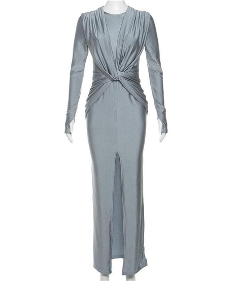 Autumn Allure: Chic Ruched Knotted Maxi Dress with Slit – Long Sleeve Fall Elegance