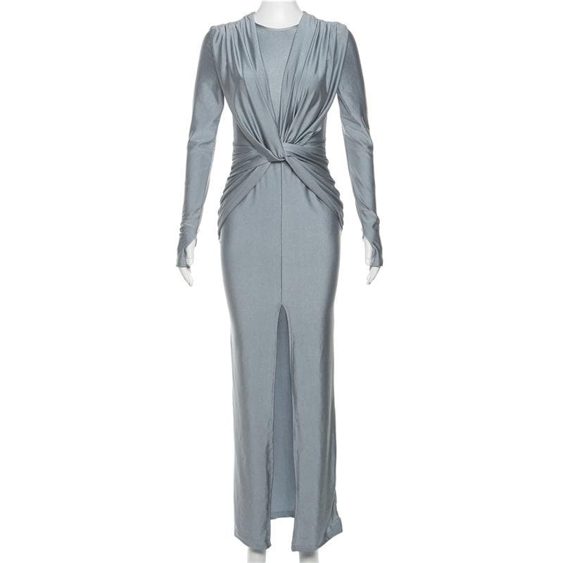 Autumn Allure: Chic Ruched Knotted Maxi Dress with Slit – Long Sleeve Fall Elegance