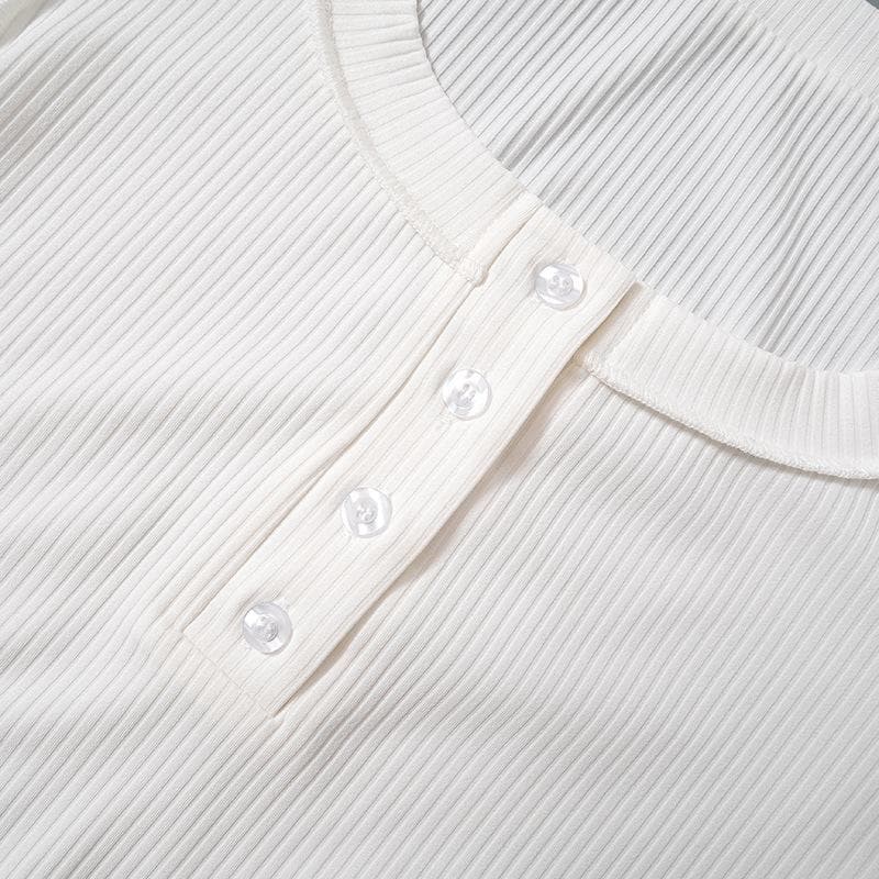 Cozy Chic White Ribbed Henley Crop Top | Long Sleeve Fall Essential for Women