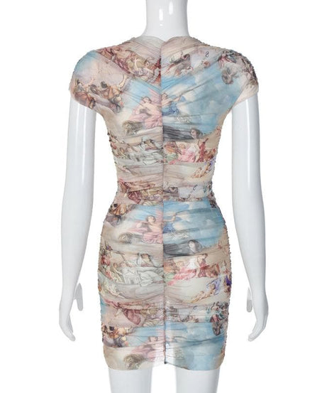 Divine Renaissance Angelic Ruched Mesh Mini Dress - Fall Party & Holiday Ready