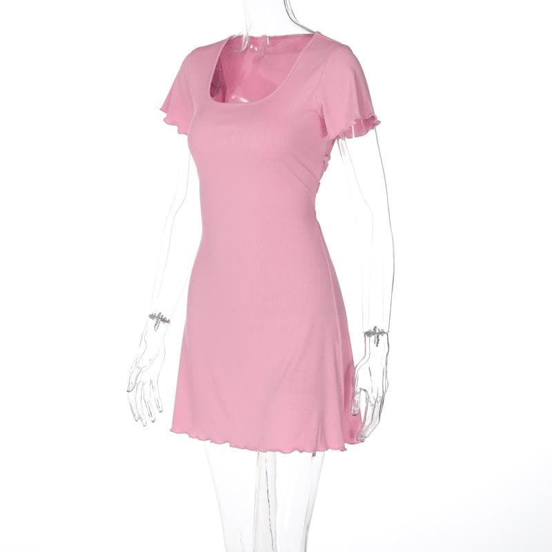 Cute Pink Ribbed Knit Mini Dress with Lettuce Trim - Fall Ready Style