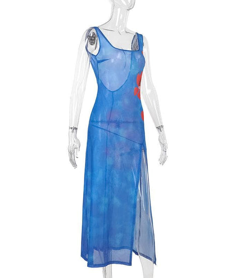 Stunning Blue Poppy Print Sheer Mesh Midi Dress with Slit & Backless Detail – Your Go-To for Fall Parties & Resort Getaways