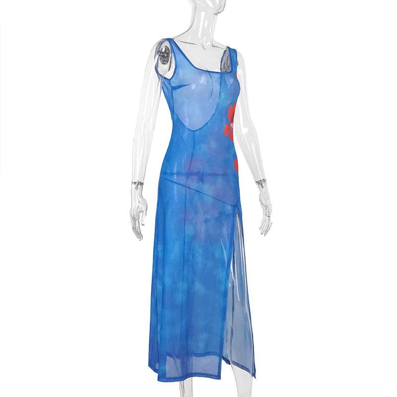 Stunning Blue Poppy Print Sheer Mesh Midi Dress with Slit & Backless Detail – Your Go-To for Fall Parties & Resort Getaways