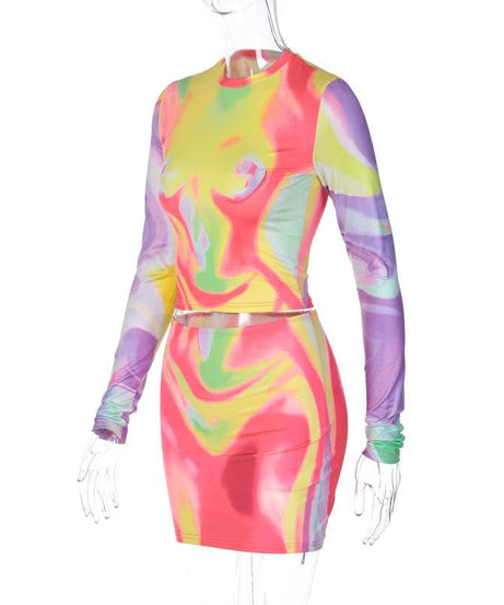 Vibrant Swirl Print Long Sleeve Crop Top & Mini Skirt Set - Y2K Fall Party & Night Out Style