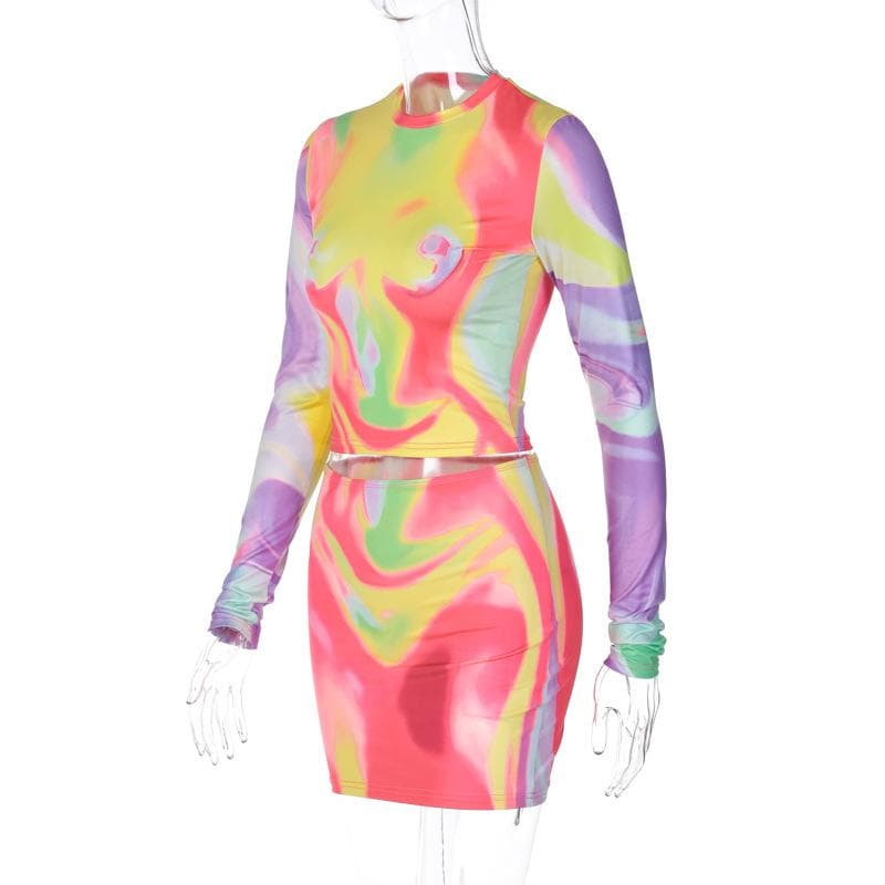 Vibrant Swirl Print Long Sleeve Crop Top & Mini Skirt Set - Y2K Fall Party & Night Out Style