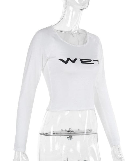 Women's "WET" Graphic Long Sleeve Crop Top - Trendy Fall Statement Piece