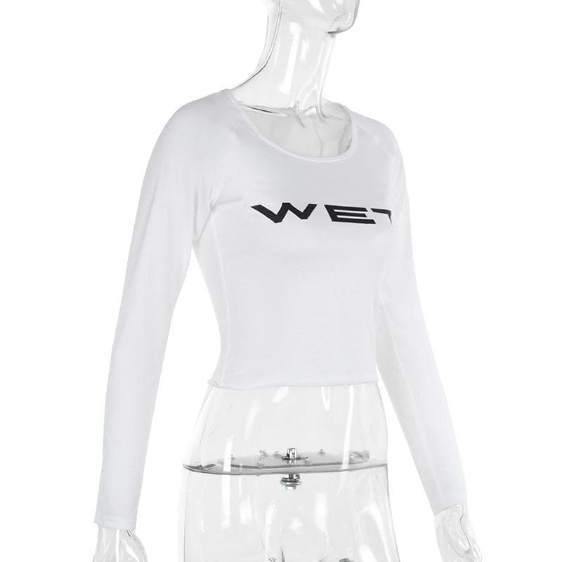 Women's "WET" Graphic Long Sleeve Crop Top - Trendy Fall Statement Piece