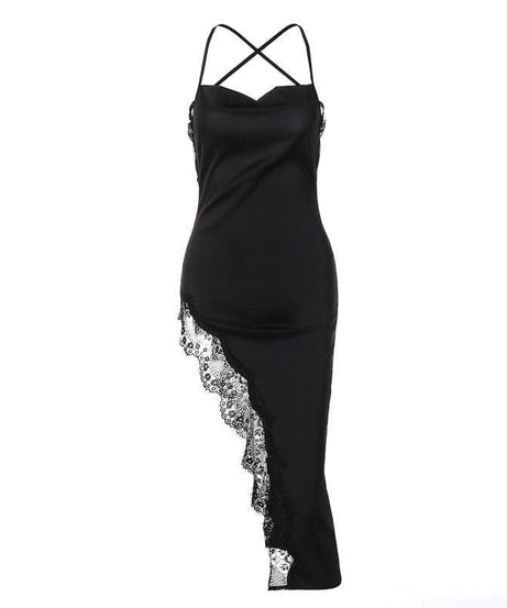 Alluring Black Satin Lace Slit Midi Dress - Cowl Neck & Criss-Cross Back for Fall & Holiday Glamour