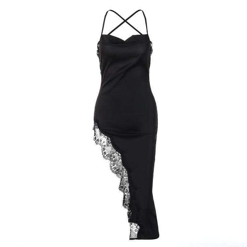 Alluring Black Satin Lace Slit Midi Dress - Cowl Neck & Criss-Cross Back for Fall & Holiday Glamour