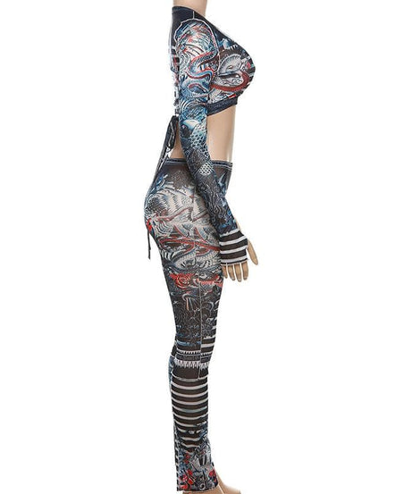 Fierce Dragon Tattoo Illusion Mesh Two-Piece Set - Your Ultimate Fall Party & Halloween Vibe!