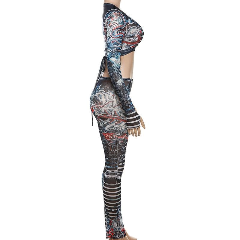 Fierce Dragon Tattoo Illusion Mesh Two-Piece Set - Your Ultimate Fall Party & Halloween Vibe!