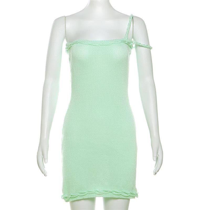 Chic Sage Green Knitted Mini Dress - Tie Strap Ruffle Bodycon for Fall Parties & Getaways