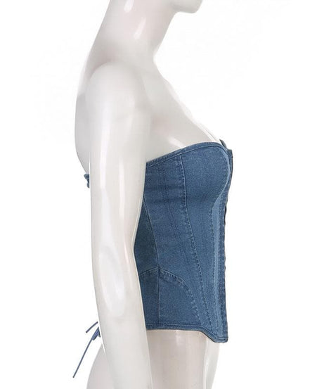 Y2K Edgy Denim Corset Top | Strapless Sweetheart Bustier for Fall Style