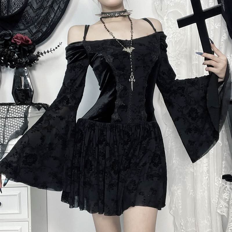 Slay the Night: Gothic Velvet Off-Shoulder Mini Dress - Dramatic Flared Sleeves for Halloween & Fall Parties