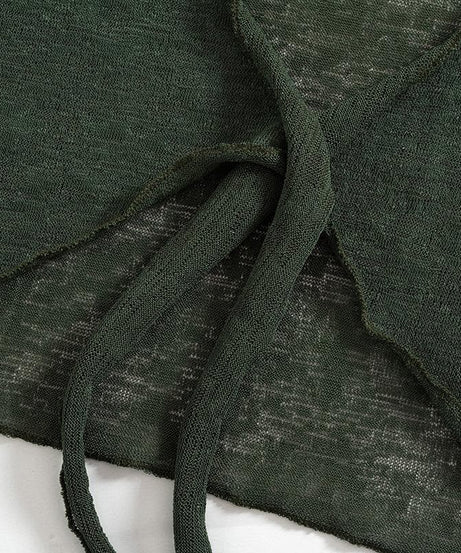 Sultry Sage Sheer Knit Two-Piece Set | Tie-Front Crop Top & Ruched Mini Skirt for Daring Fall Nights