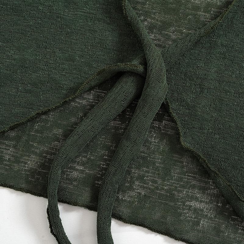 Sultry Sage Sheer Knit Two-Piece Set | Tie-Front Crop Top & Ruched Mini Skirt for Daring Fall Nights