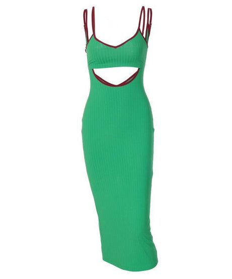 Fall & Holiday Ready: Chic Ribbed Cut-Out Midi Dress with Red Trim – Figure-Flattering Green