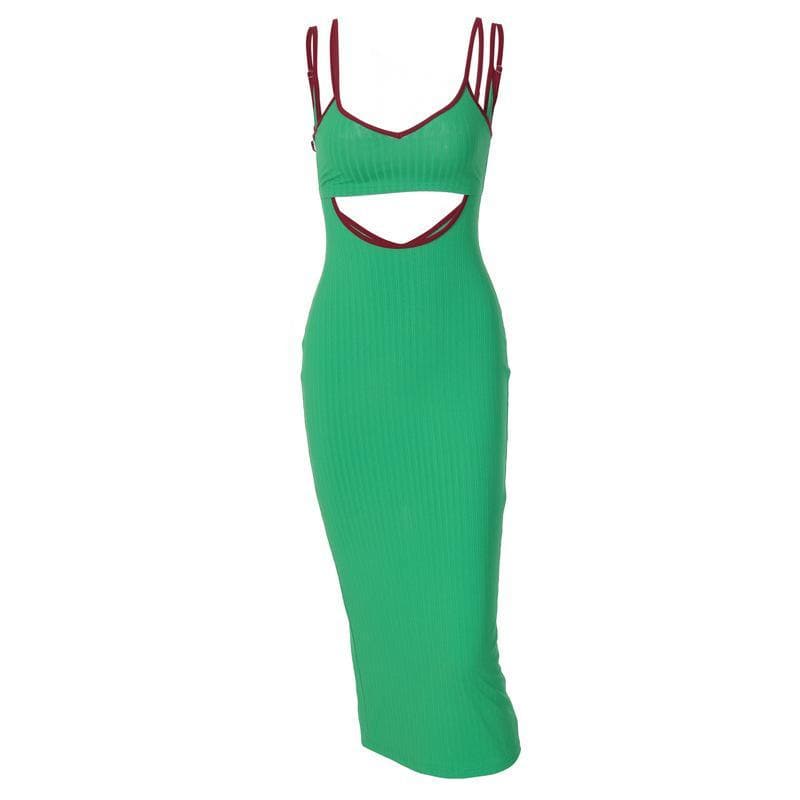 Fall & Holiday Ready: Chic Ribbed Cut-Out Midi Dress with Red Trim – Figure-Flattering Green