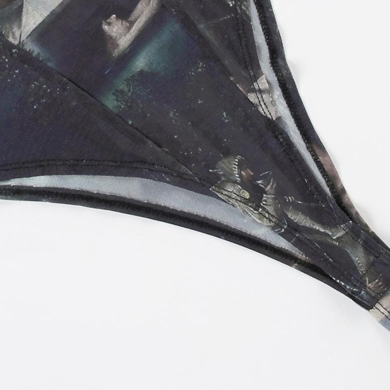 Dark Academia Renaissance Art Print Mesh Bodysuit - Long Sleeve Square Neck Top