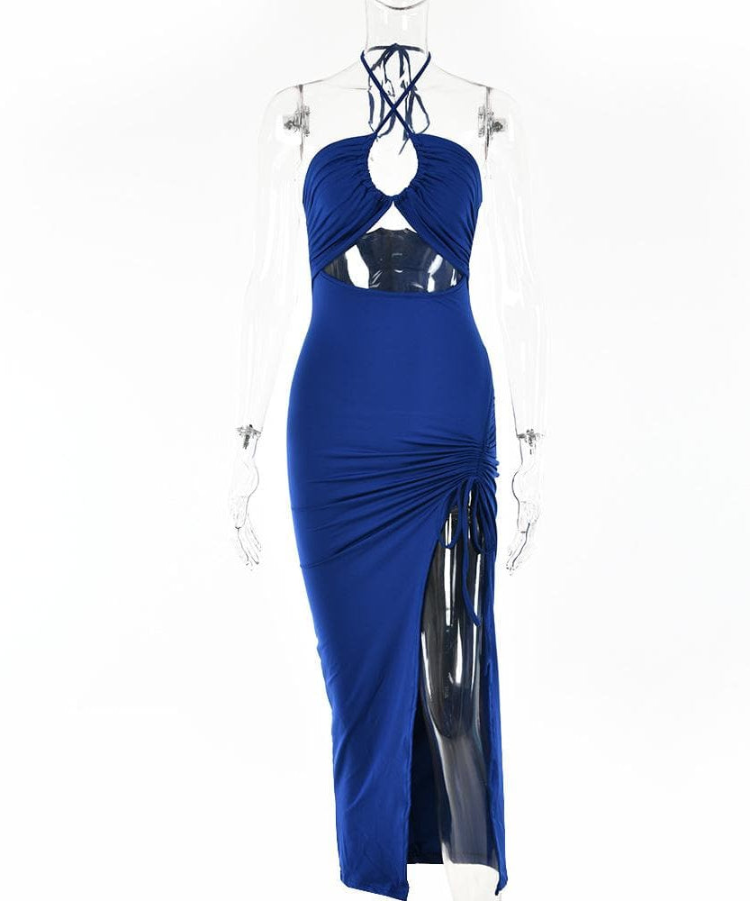 Royal Blue Halter Cutout Midi Dress - Daring Slit & Ruched Bodycon for Fall Parties & NYE