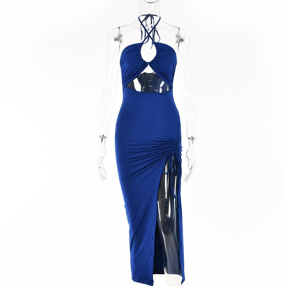 Royal Blue Halter Cutout Midi Dress - Daring Slit & Ruched Bodycon for Fall Parties & NYE