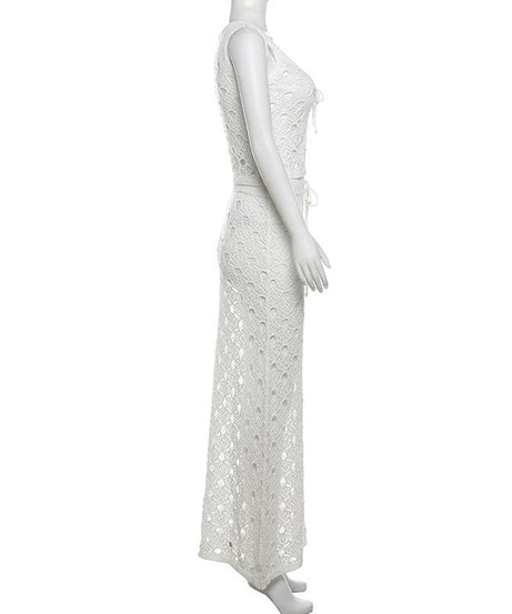 White Crochet Knit Maxi Skirt Set - Effortless Resort Wear Tank & Skirt for Your Next Getaway